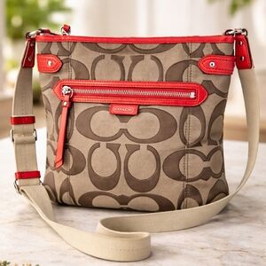 Coach F24061 Signature Crossbody Bag in khaki canvas With Orange Leather Trim